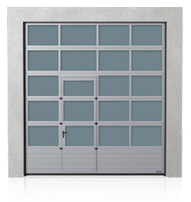 Industrial aluminium sectional door with the steel bottom panel and wicket door on the left or right side
