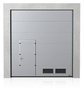 Brama przemysłowa segmentowa z drzwiami przejściowymi przesuniętymi i kratkami wentylacyjnymi K-2