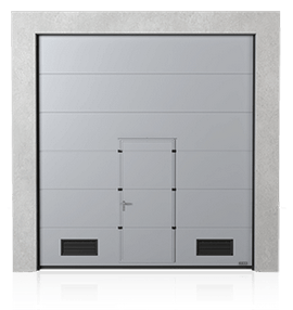 Brama przemysłowa segmentowa z drzwiami przejściowymi i kratkami wentylacyjnymi K-2