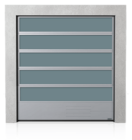 Brama przemysłowa segmentowa aluminiowa z przeszkleniami VISUAL i dolnym panelem stalowym G, V, N, W