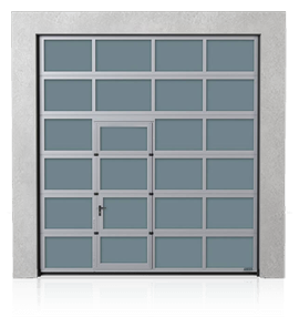 Sekční průmyslová vrata hliníková s posunutými průchozími dveřmi